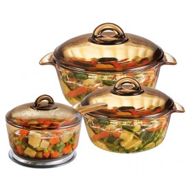 Bộ 3 Nồi Thủy Tinh Luminarc Trianon Amberline 1.5L-2.5L + Nồi TT Cao Tay Cầm Vitro Amberline 1.5L