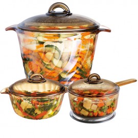 Bộ 3 Nồi Thủy Tinh Luminarc Trianon Amberline 1.5L-3.5L + Nồi TT Thấp Tay Cầm Vitro Amberline 1.5L