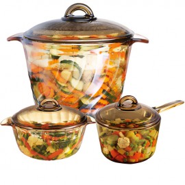 Bộ 3 Nồi Thủy Tinh Luminarc Trianon Amberline 2.5L-3.5L + Nồi TT Cao Tay Cầm Vitro Amberline 1.5L
