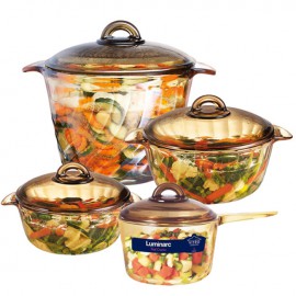 Bộ 4 Nồi Thủy Tinh Luminarc Trianon Amberline 1.5L-2.5L-3.5L + Nồi TT Cao Tay Cầm Amberline 1.5L