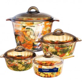 Bộ 4 Nồi Thủy Tinh Luminarc Trianon Amberline 1.5L-2.5L-3.5L + Nồi TT Thấp Tay Cầm Amberline 1.5L